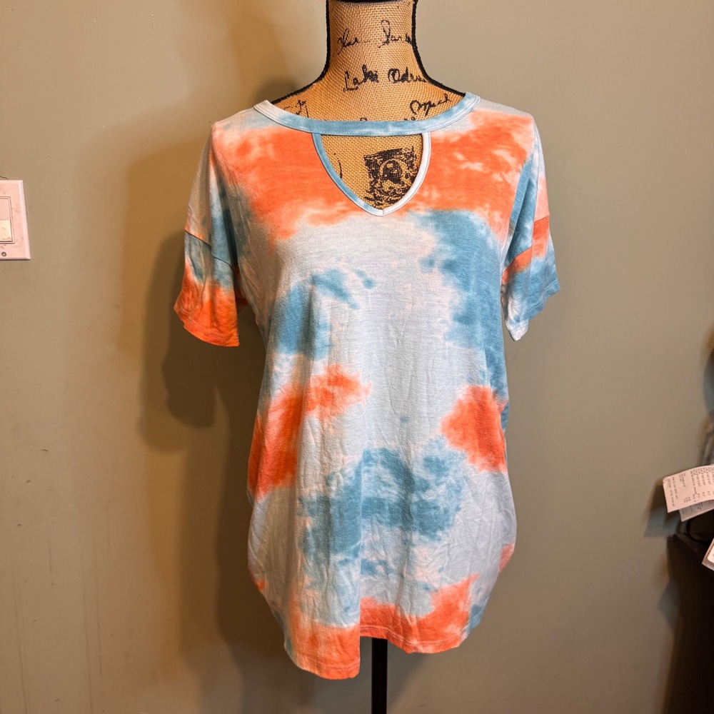 Viamor Womens Tie Dye Keyhole V-Neck Short Sleeve T-Shirt Blue Orange